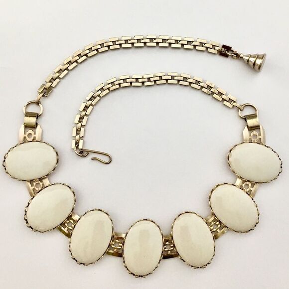 Vintage Collar Oval Off white Cabochons Bezel Setting Necklace 1033 - Picture 1 of 5